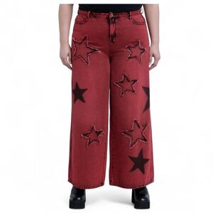 🆕️ Hot Topic Red Wash Wide-Leg Jeans with Star Appliqués